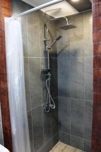 a shower in a bathroom with a shower curtain at Old Town Studio With Picture Perfect Terrace ! in Tbilisi City +33 photos