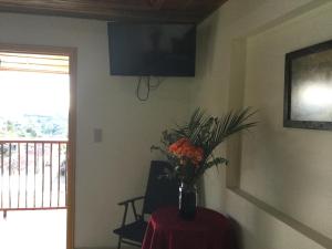 a vase of flowers on a table in a room at Casa Pachamama in Salento