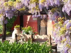 un giardino con fiori viola appesi a un pergolato di Hotel Lucrezia a Riola Sardo