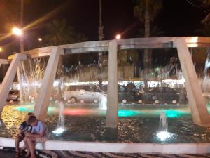 トレビエハにあるHomely Apartments Sirena del Marの夜の噴水前に座る男