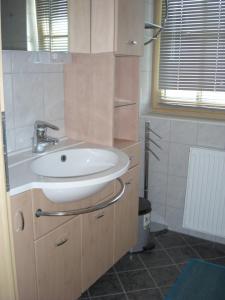 ein Badezimmer mit einem weißen Waschbecken und einem Spiegel in der Unterkunft Ferienwohnung Prader in Innsbruck