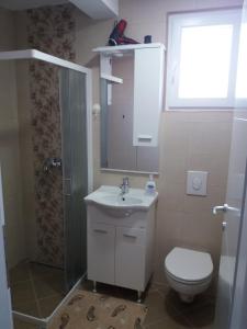 a bathroom with a toilet and a sink and a shower at Apartmani Beljkas in Tivat