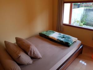 a couch with a pillow on it next to a window at Radiya Guesthouse in Sembalun Lawang