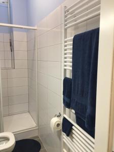 a bathroom with a shower and a toilet and blue towels at Central Suites Frankfurt in Frankfurt