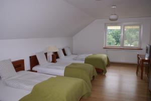 ロンデク・ズドルイにあるWilla Moja Gawraのベッド3台(緑のシーツ付)が備わる窓のある客室です。