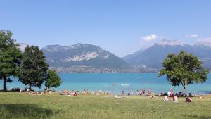 a group of people laying on the grass at a beach at LP's house in Annecy