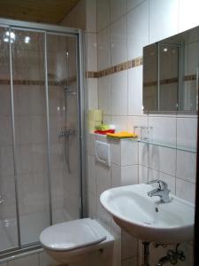 uma casa de banho com um chuveiro, um lavatório e um WC. em Alte Schule em Bad Kleinkirchheim