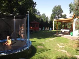 Ein Mann und ein Kind spielen auf einem Trampolin in der Unterkunft Holiday House Vranov Dam in Oslnovice