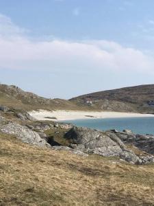 a beach in the middle of a grassy field at An Taigh Mòr in Eriskay
