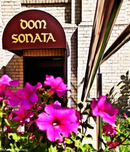 Um ramo de flores cor-de-rosa em frente a um sinal de Don Sonaria. em Dom Sonata em Gdańsk