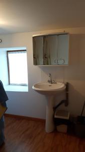 PélussinにあるChez Lebini Sudのバスルーム(白い洗面台、鏡付)