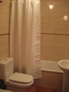 a bathroom with a white shower curtain and a toilet at La Buhardilla De Isavarre in Isavarre