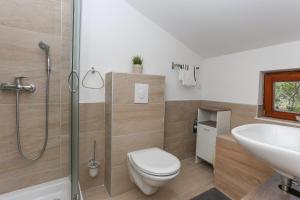 a bathroom with a toilet and a sink and a shower at Waterfall House Getaway in Trilj +46 photos