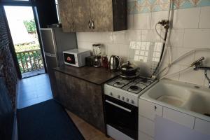 a small kitchen with a stove and a sink at ALCATRAZ JAIL-HOSTEL in Tbilisi City