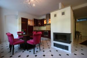 a living room with a table and a fireplace at Apartmenthaus Albrechtsburg in Bad Schandau