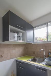d'une cuisine avec des placards noirs, un évier et une fenêtre. dans l'établissement Appartement Hibiscus Martinique, au Lamentin