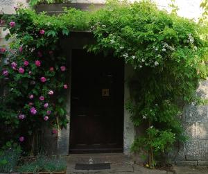 una puerta negra con flores rosas en un edificio en Noclegi nad Pośną en Radków