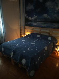 トリエステにあるA Casa Di Silvyのベッドルーム1室(青い掛け布団付きのベッド1台付)