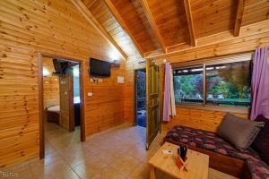 Sala de estar de una cabaña de madera con sofá y TV en Chalet The Mountain To The Sea, en Beẕet