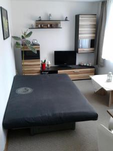 sala de estar con mesa y sofá en Ferienwohnung Mey, en Rathmannsdorf