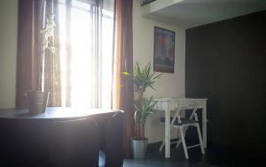 ナポリにあるB&B Mirlinum a Mergellinaのデスク、植物のある窓が備わる客室です。