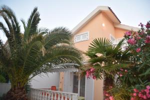 a pink house with palm trees and pink flowers at Apartment Vujic in Vir