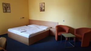 a hotel room with a bed and two chairs at Lehár panzió in Komárno