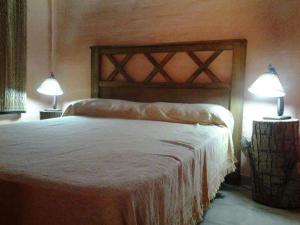a bedroom with a large bed with two lamps at Cabaña Meralai in Potrerillos