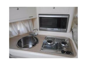 uma cozinha com um lavatório e um micro-ondas em Beau bateau Lilou 14 em Ouistreham
