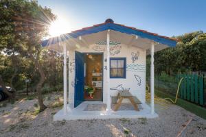 a small house with a blue door in a yard at Holiday Park Mandrice in Mandre