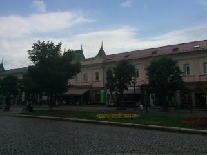 eine Straße in einer Stadt mit einem großen Gebäude in der Unterkunft Centre Hostel in Mukatschewo