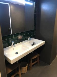 een badkamer met een witte wastafel en een spiegel bij Amsterdam Red Light Bed & Breakfast in Amsterdam