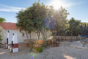 a park with benches and trees and a building at Holiday Park Mandrice in Mandre