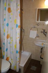 a bathroom with a shower curtain with a toilet and a sink at B&B Izvor in Kosjeric