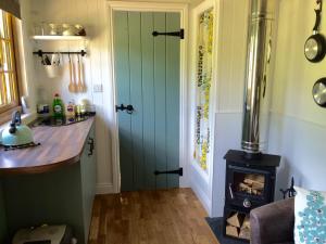 a kitchen with a green door and a stove at Mid Wales Luxury Huts in Darowen