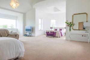 a white room with a bed and a mirror at Rathescar Grove Guest House in Drogheda