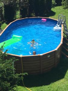 a man in a large swimming pool in a yard at Chata pod lesem in Rýmařov