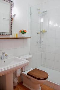 a bathroom with a toilet and a sink and a shower at Restaurant Dicker Mann Hotel zum Blauen Krebs in Regensburg