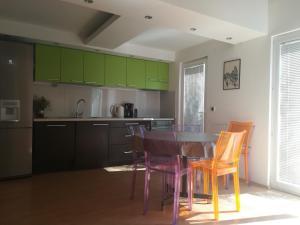 eine Küche mit grünen Schränken sowie einem Tisch und Stühlen in der Unterkunft Villa Bianca Karin in Gornji Karin