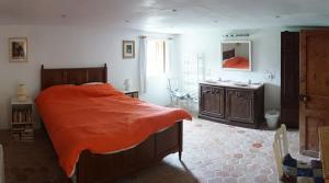 a bedroom with an orange bed and a sink at Manoir de la Guerrie in Saint-Patrice-de-Claids +4 photos