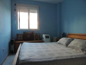Dormitorio azul con cama y ventana en Apartamento Barbancho, en Casar de Cáceres