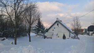 a white house in the snow with trees and mountains at Apartment Mrsinj in Korenica