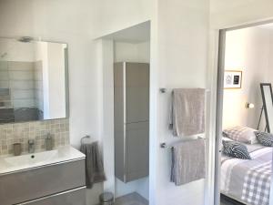 ein Bad mit einem Waschbecken und einem Spiegel in der Unterkunft Appartement avec splendide vue mer, à 200 m de la plage, Golfe de Saint-Tropez in Les Issambres