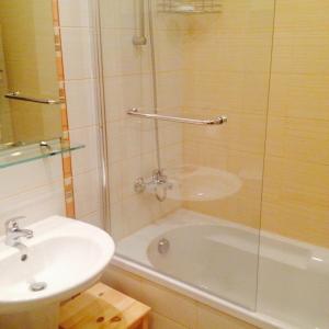 a bathroom with a shower and a sink and a tub at Borovets Gardens Chalet Flat in Borovets