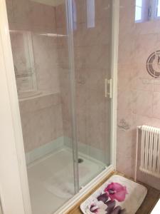 a shower with a glass door and a rug at Petite escale Vivonnoise in Vivonne