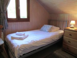 Un pat sau paturi într-o cameră la Cozy chalet in the woods of the beautiful Dordogne