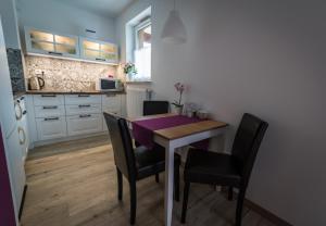 a kitchen with a table and chairs in a room at Apartament Parkowy in Nałęczów