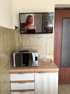 un microondas en una encimera con TV en la pared en Casa Mariarosa, en Maccagno Inferiore