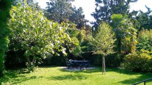 una mesa y sillas en un patio con árboles en Casa Mariarosa, en Maccagno Inferiore