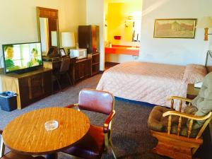 Una habitación de hotel con una cama, una mesa y un televisor. en Rock City Motel, en Minneapolis